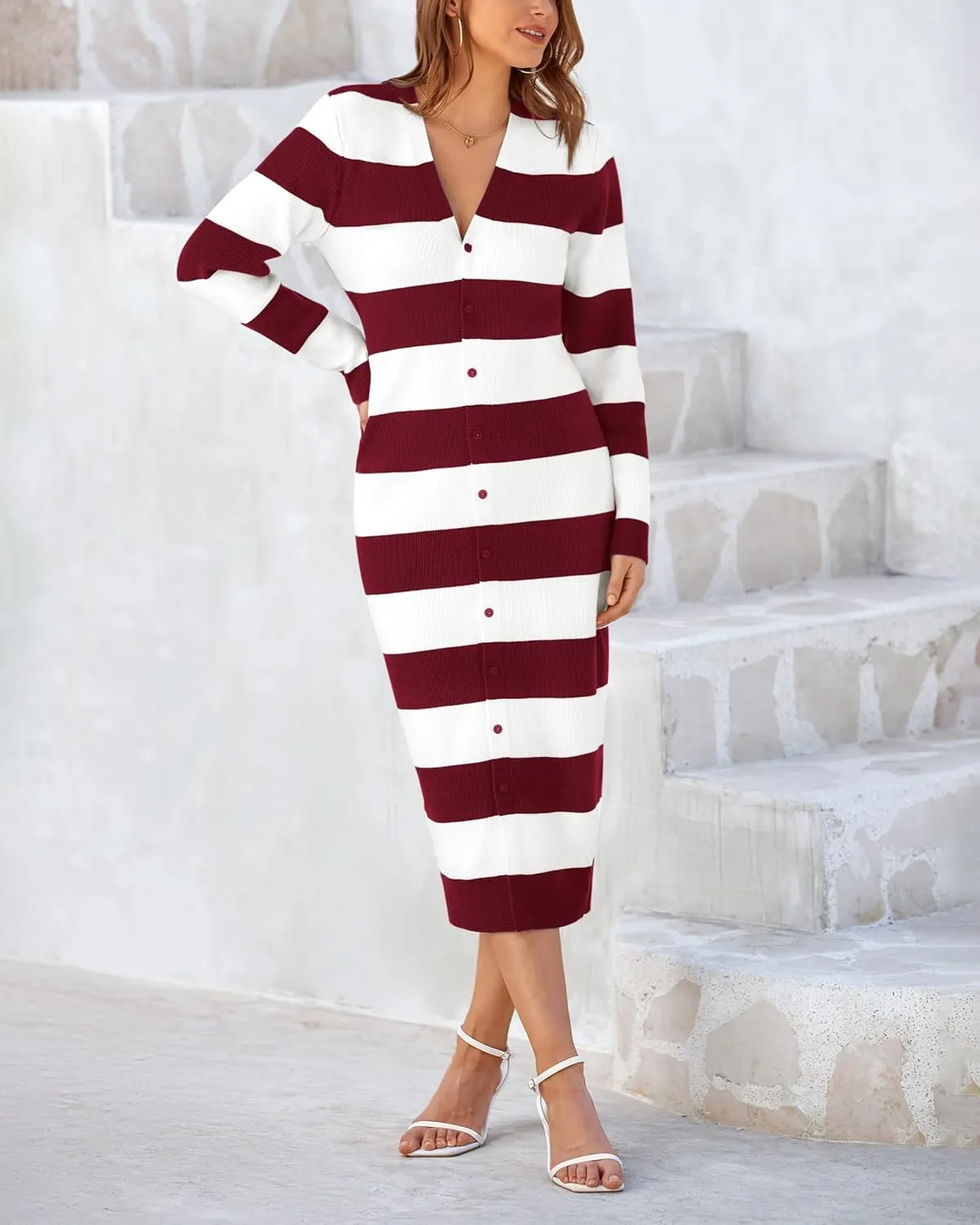 PRETTYGARDEN Women's Fall Sweater Dresses 2025 Long Sleeve V Neck Button Ribbed Knit Stripes Bodycon Midi Winter Dress