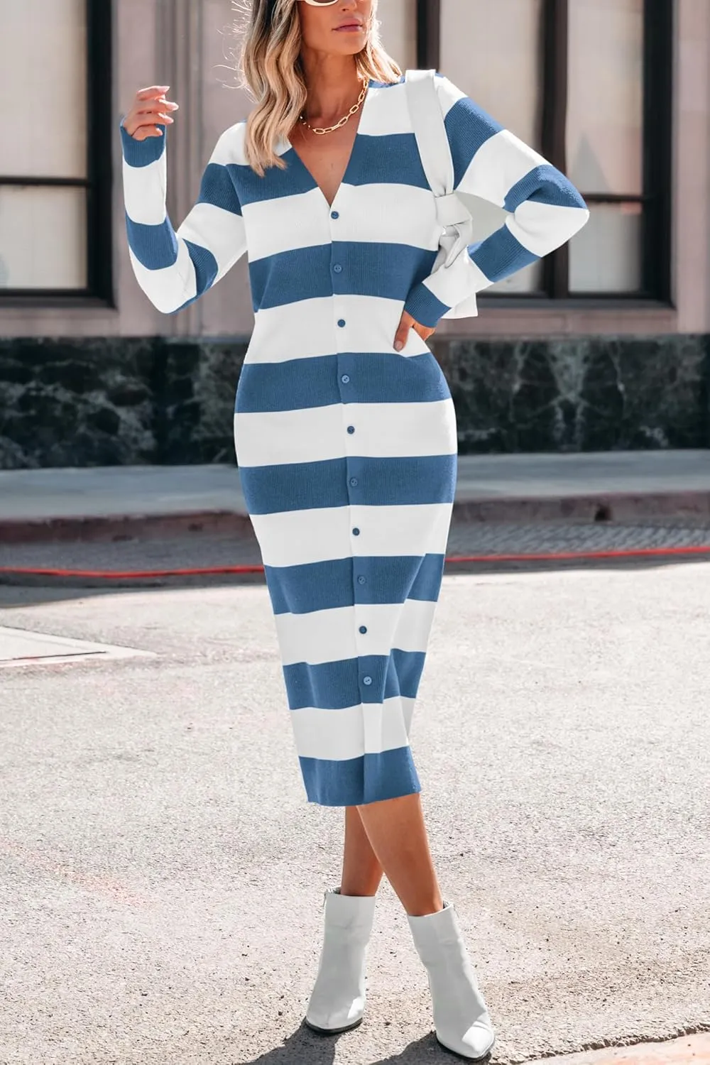 PRETTYGARDEN Women's Fall Sweater Dresses 2025 Long Sleeve V Neck Button Ribbed Knit Stripes Bodycon Midi Winter Dress