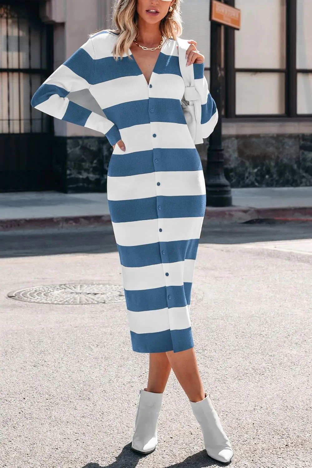 PRETTYGARDEN Women's Fall Sweater Dresses 2025 Long Sleeve V Neck Button Ribbed Knit Stripes Bodycon Midi Winter Dress