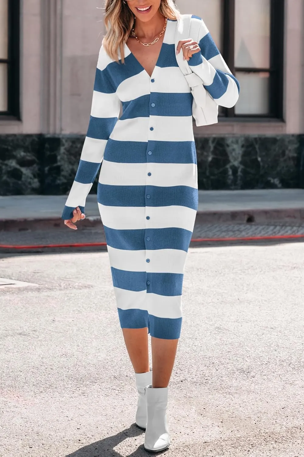 PRETTYGARDEN Women's Fall Sweater Dresses 2025 Long Sleeve V Neck Button Ribbed Knit Stripes Bodycon Midi Winter Dress