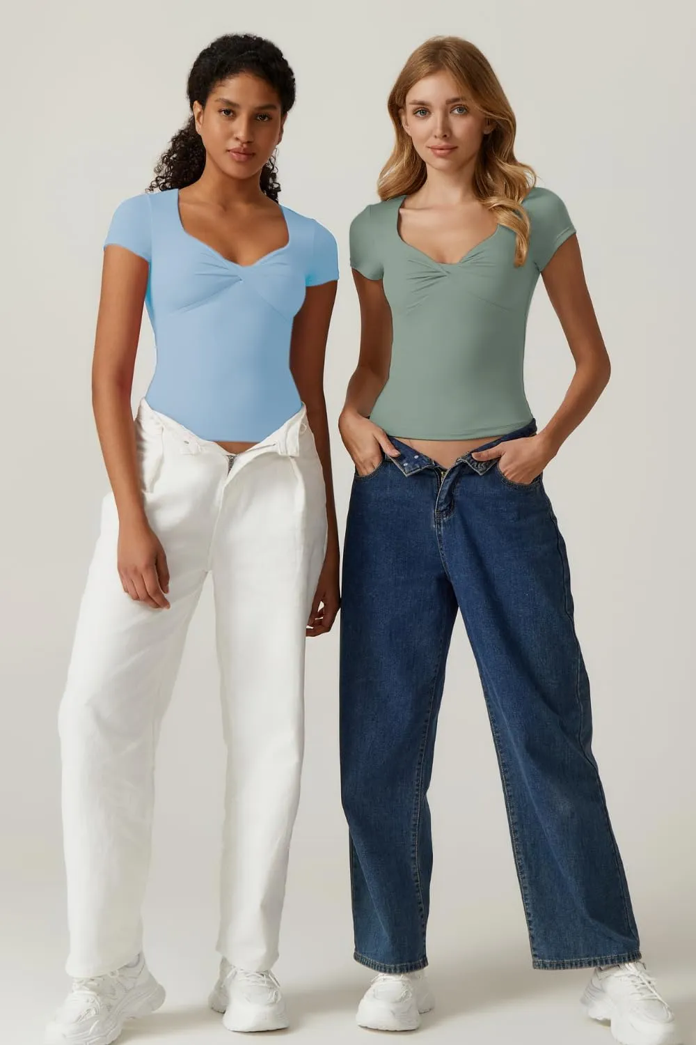 QINSEN Women's Sexy Twist Front V Neck T Shirts Double Lined Short Sleeve Slim Fit Crop Top Trendy Y2K Tops Tee