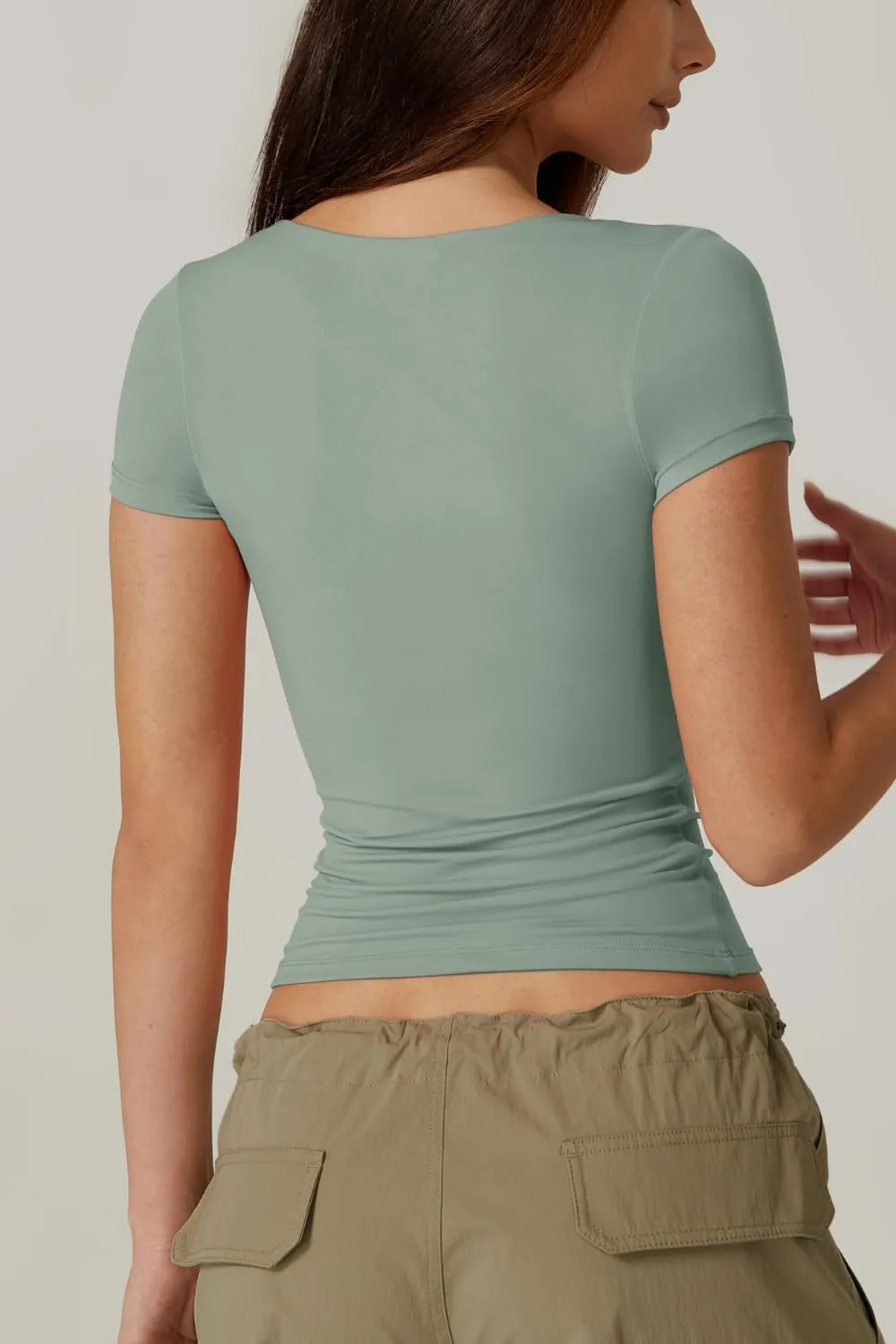 QINSEN Women's Sexy Twist Front V Neck T Shirts Double Lined Short Sleeve Slim Fit Crop Top Trendy Y2K Tops Tee