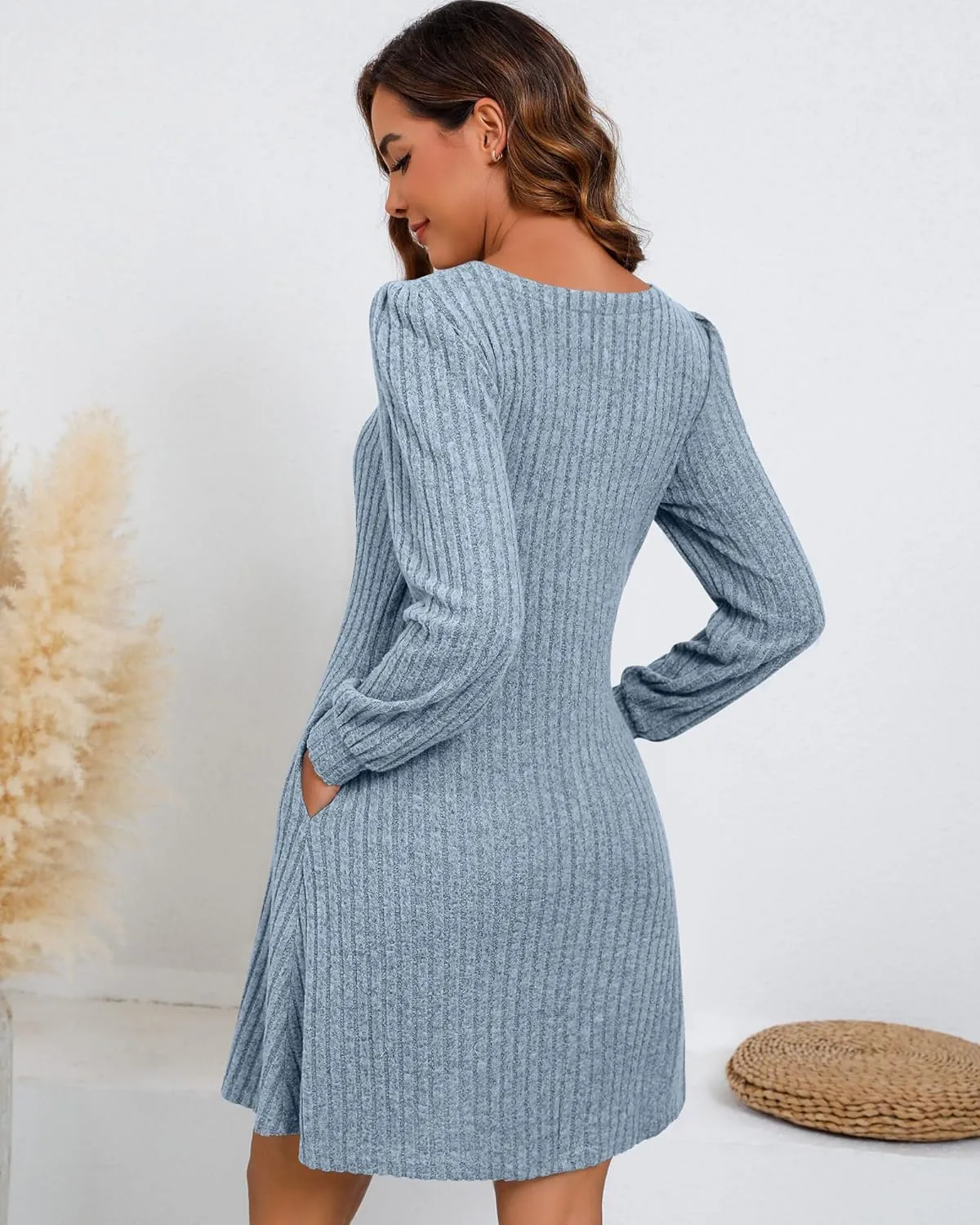Riyiper Women's Square Neck Sweater Dress Long Sleeve Ribbed Knitted Casual Fall Winter Knee Length Dress with Pocket