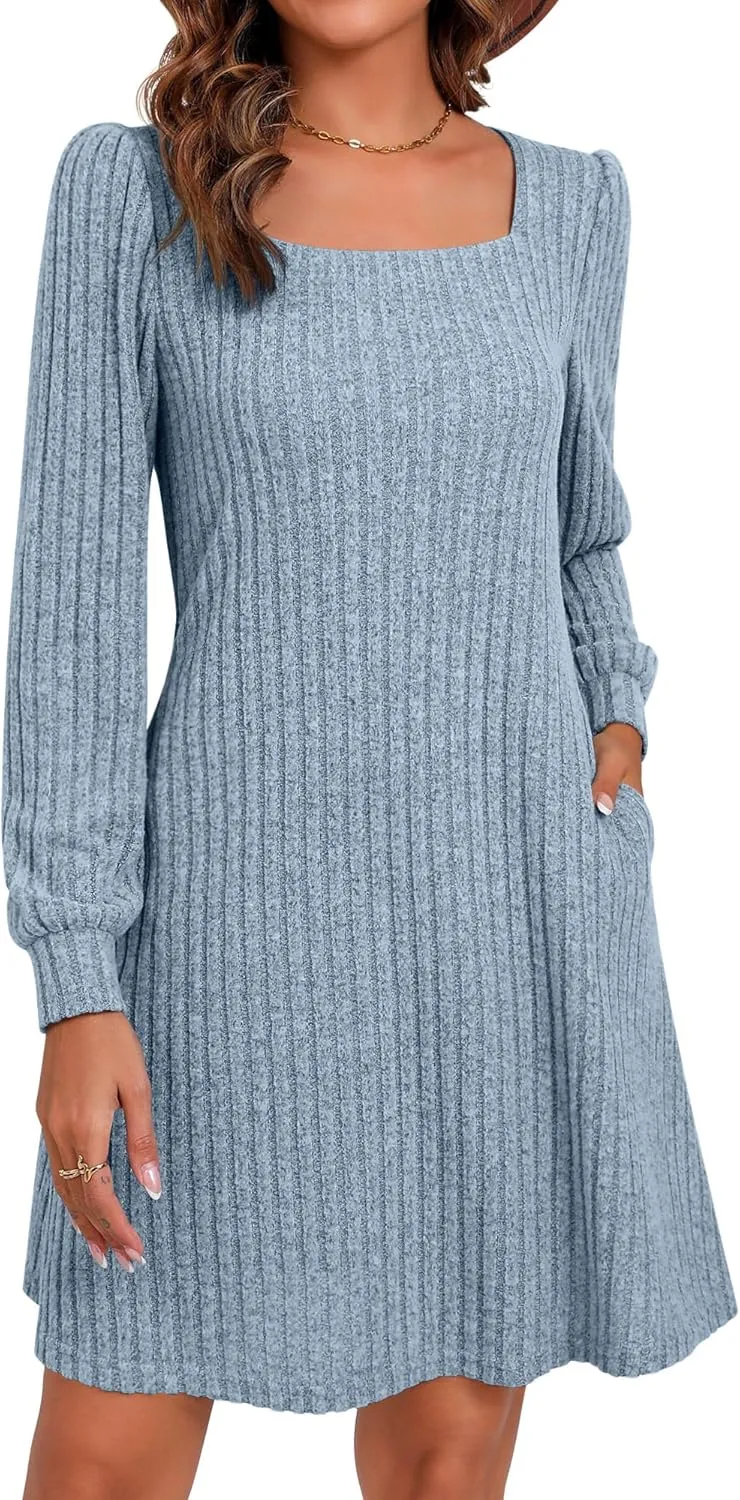 Riyiper Women's Square Neck Sweater Dress Long Sleeve Ribbed Knitted Casual Fall Winter Knee Length Dress with Pocket