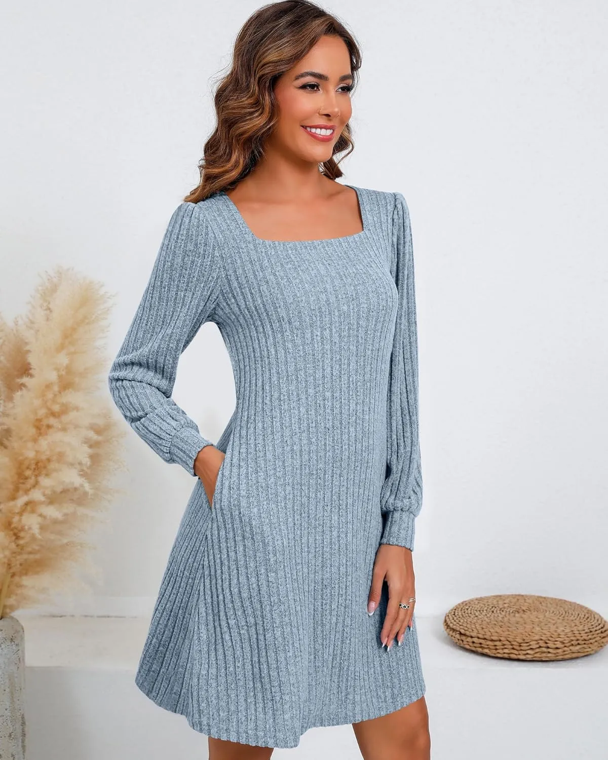Riyiper Women's Square Neck Sweater Dress Long Sleeve Ribbed Knitted Casual Fall Winter Knee Length Dress with Pocket
