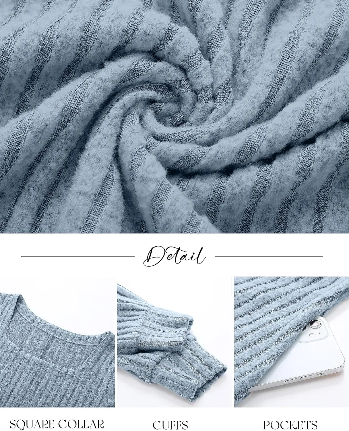 Riyiper Women's Square Neck Sweater Dress Long Sleeve Ribbed Knitted Casual Fall Winter Knee Length Dress with Pocket