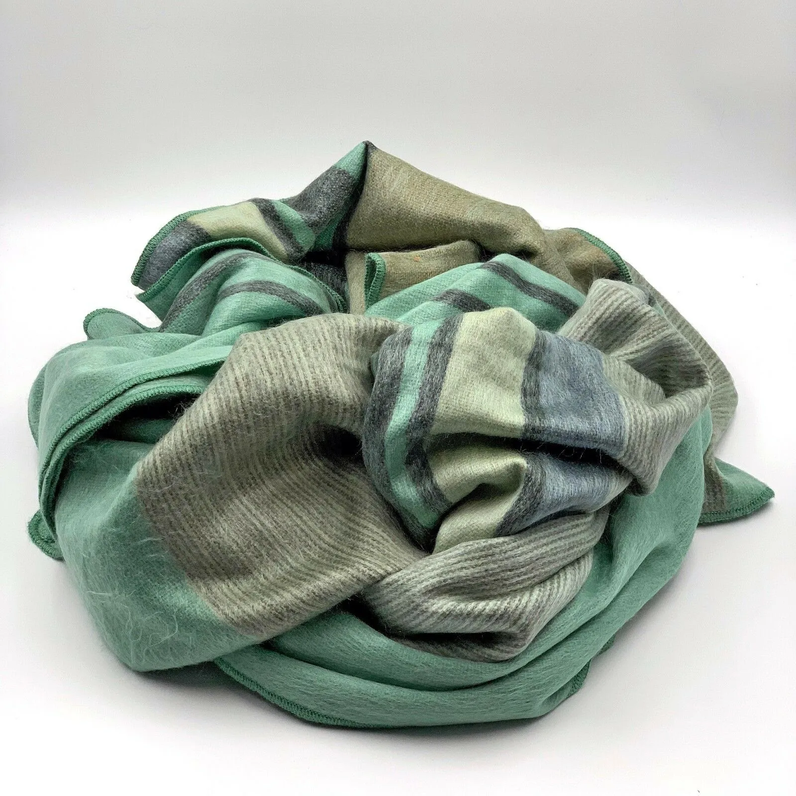 Saquisili - Baby Alpaca Wool Throw Blanket / Sofa Cover - Queen 98" x 65" - Striped Pattern Mixed Aqua/Green