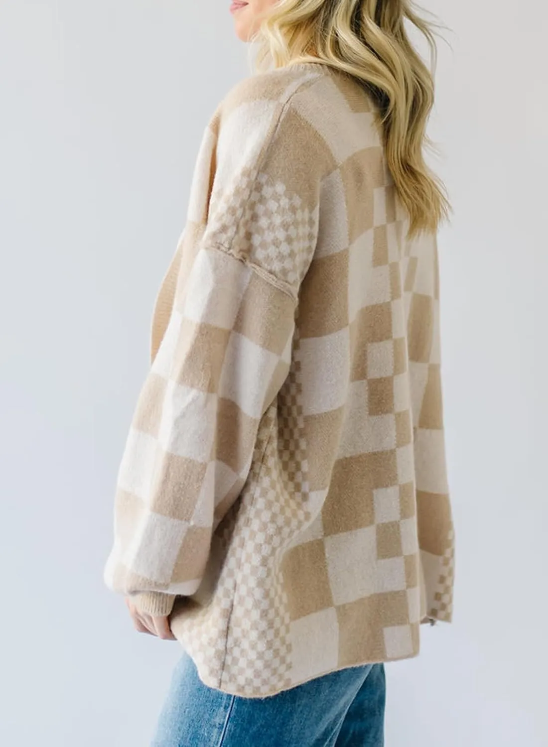 SELINK Women's Cardigan Sweater Vintage Open Front Mixed Checkered Pattern Chunky Knit Plaid Long Sleeve Daily Outwear