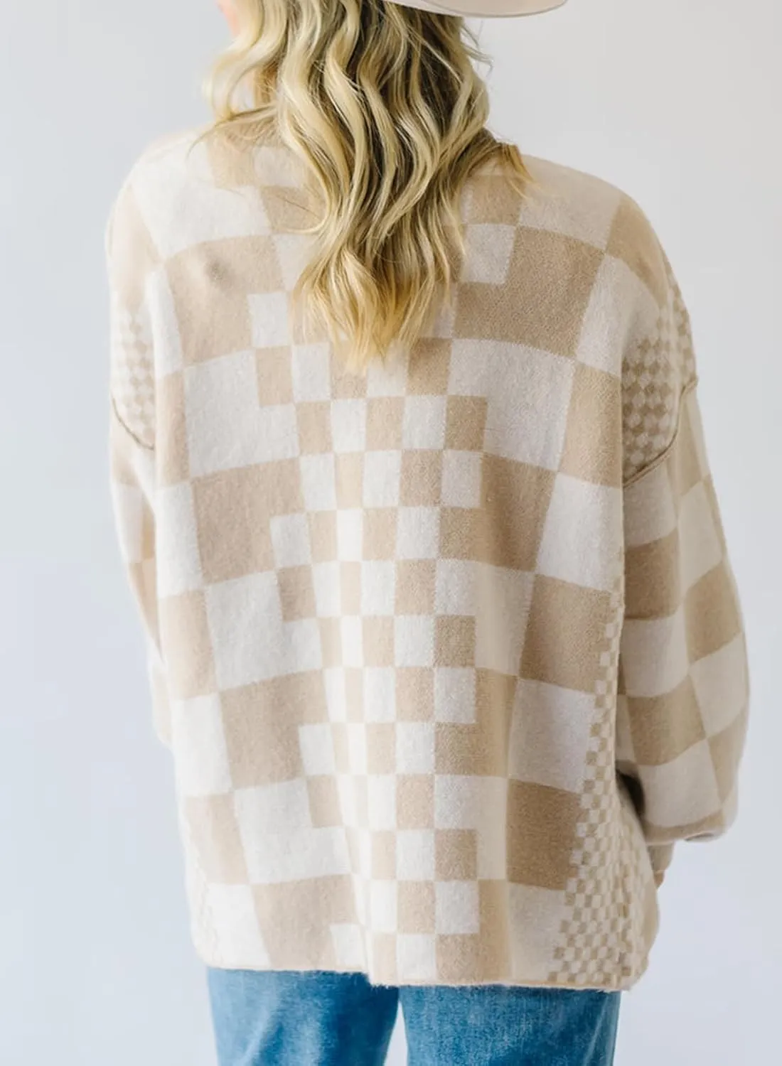 SELINK Women's Cardigan Sweater Vintage Open Front Mixed Checkered Pattern Chunky Knit Plaid Long Sleeve Daily Outwear