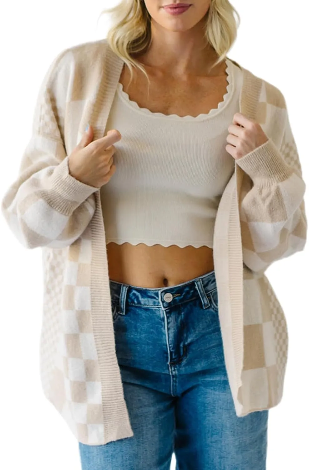 SELINK Women's Cardigan Sweater Vintage Open Front Mixed Checkered Pattern Chunky Knit Plaid Long Sleeve Daily Outwear