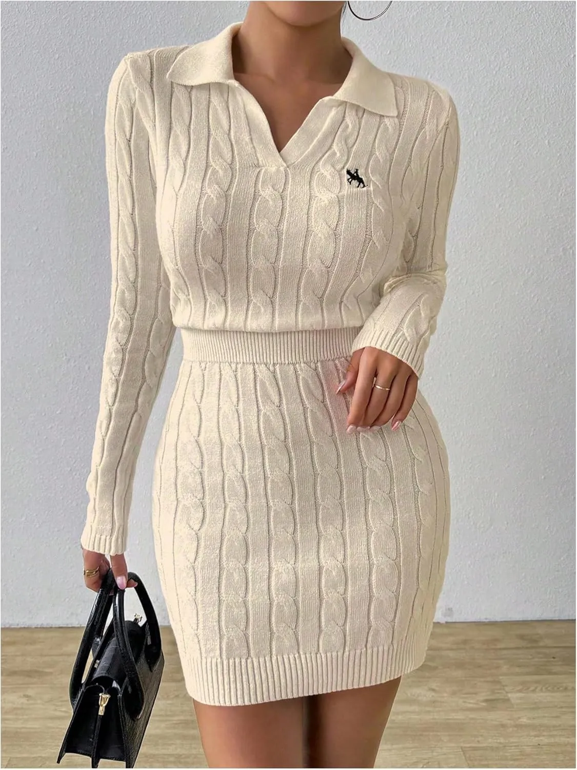 Verdusa Women's Cable Knit Bodycon Sweater Dress Long Sleeve Collared Mini Pencil Dress