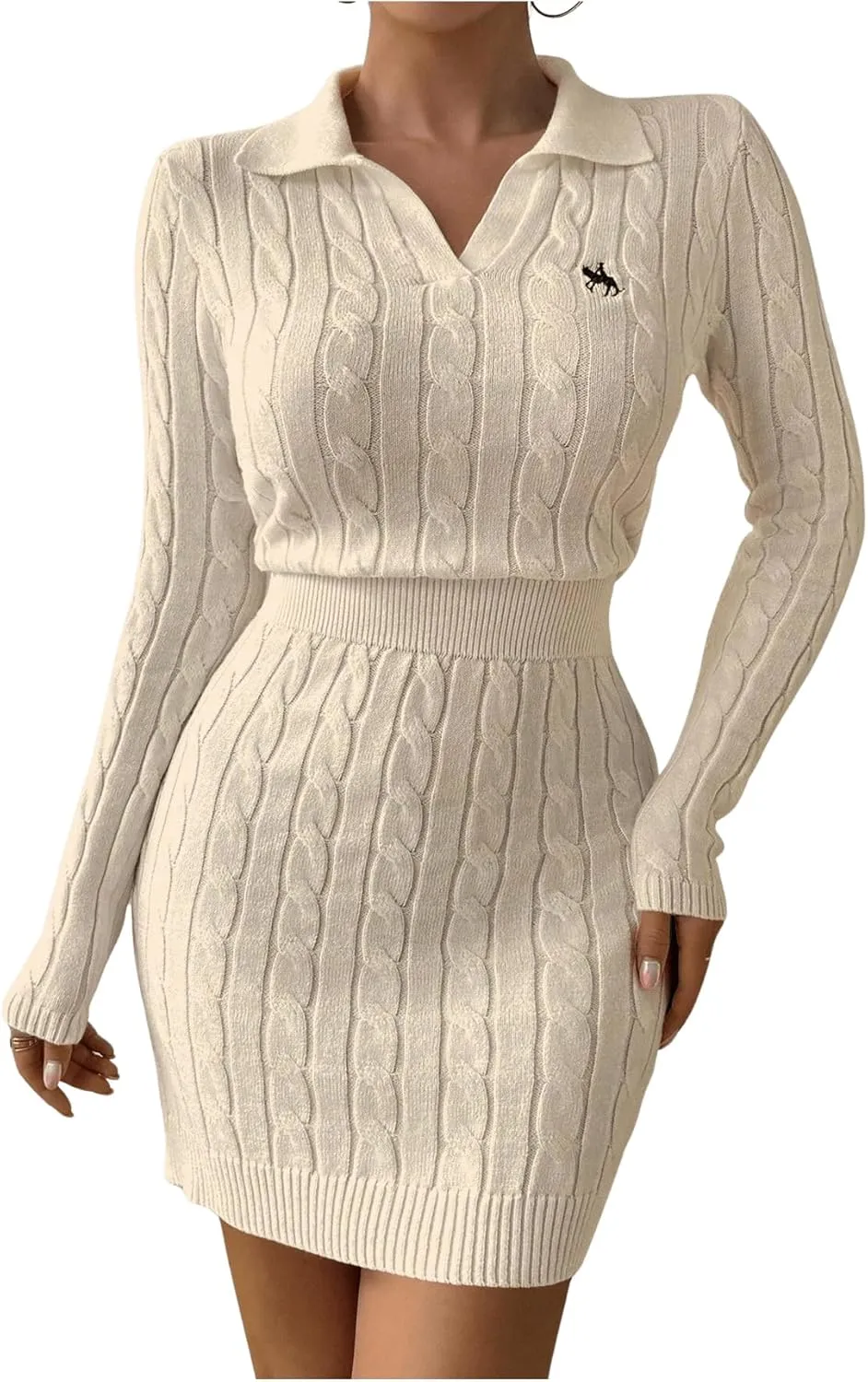 Verdusa Women's Cable Knit Bodycon Sweater Dress Long Sleeve Collared Mini Pencil Dress