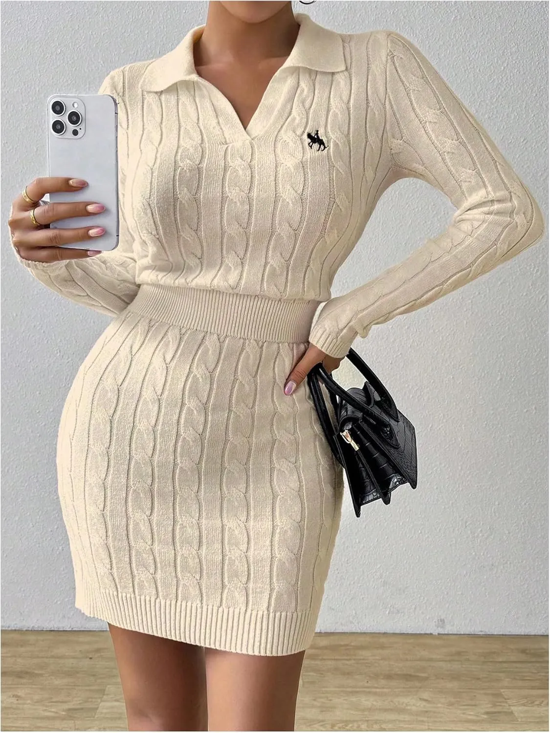 Verdusa Women's Cable Knit Bodycon Sweater Dress Long Sleeve Collared Mini Pencil Dress