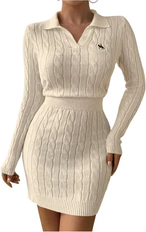Verdusa Women's Cable Knit Bodycon Sweater Dress Long Sleeve Collared Mini Pencil Dress