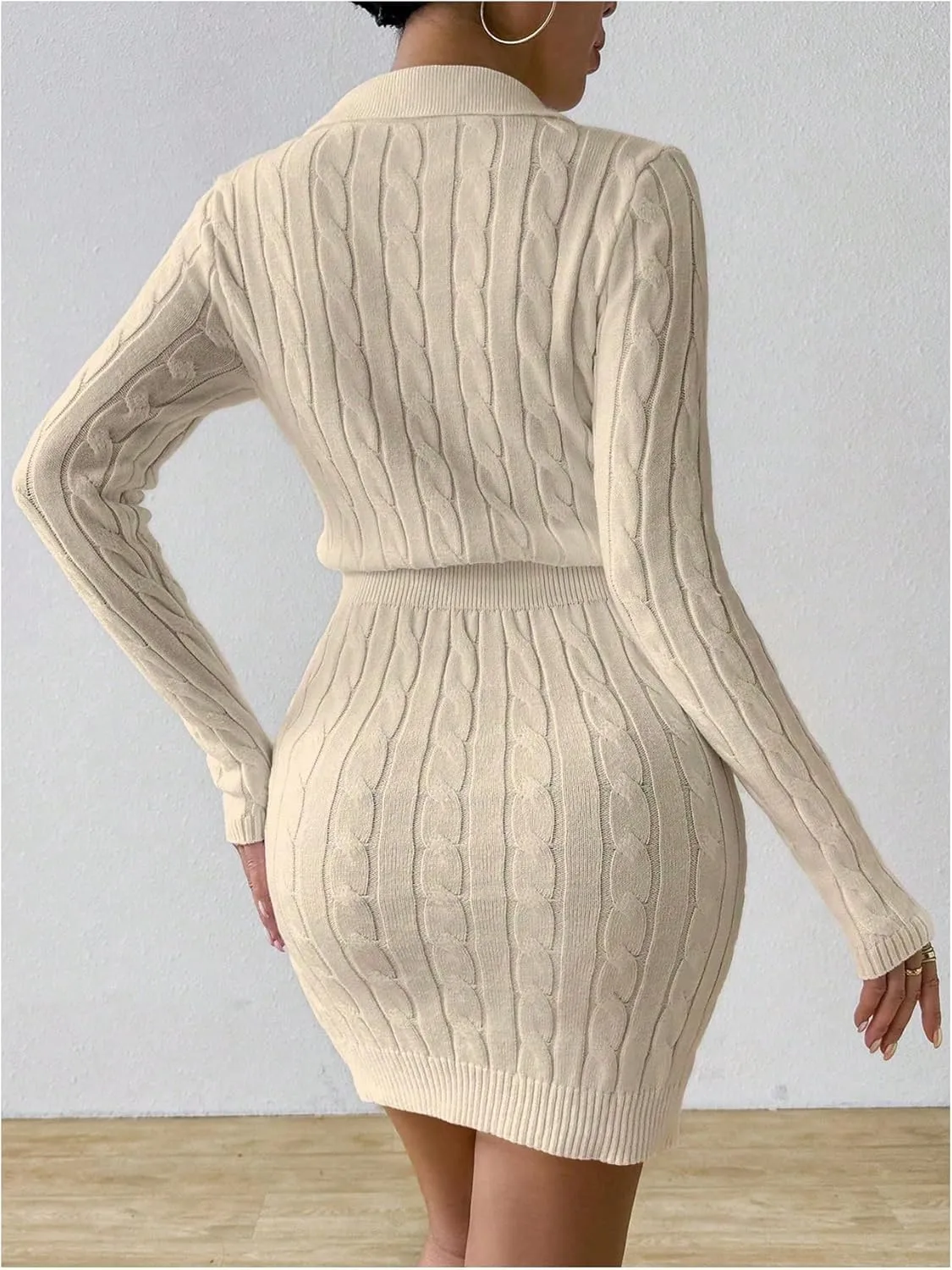 Verdusa Women's Cable Knit Bodycon Sweater Dress Long Sleeve Collared Mini Pencil Dress