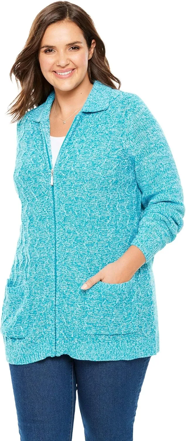 Woman Within Plus Size Marled Zip-Front Cable Knit Cardigan