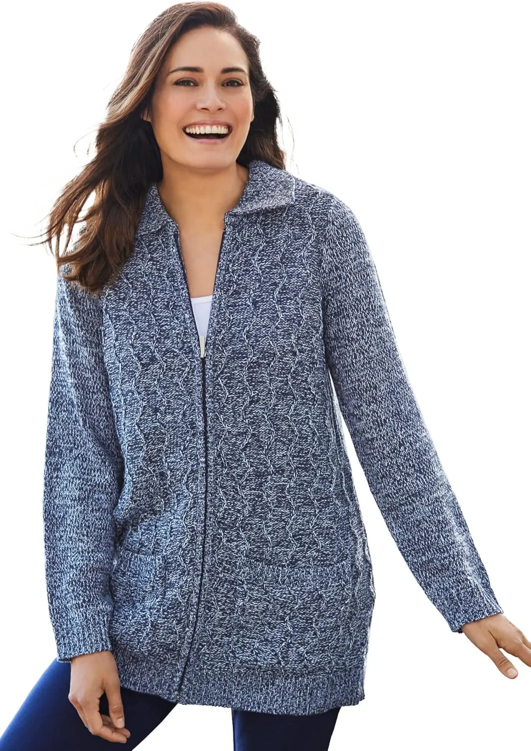 Woman Within Plus Size Marled Zip-Front Cable Knit Cardigan