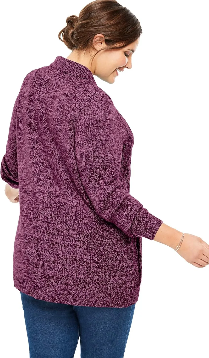 Woman Within Plus Size Marled Zip-Front Cable Knit Cardigan