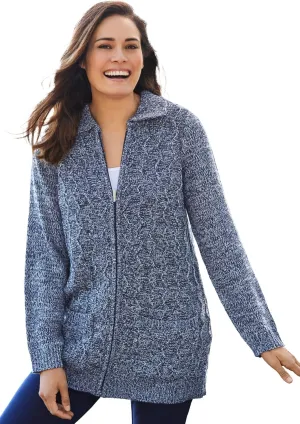 Woman Within Plus Size Marled Zip-Front Cable Knit Cardigan