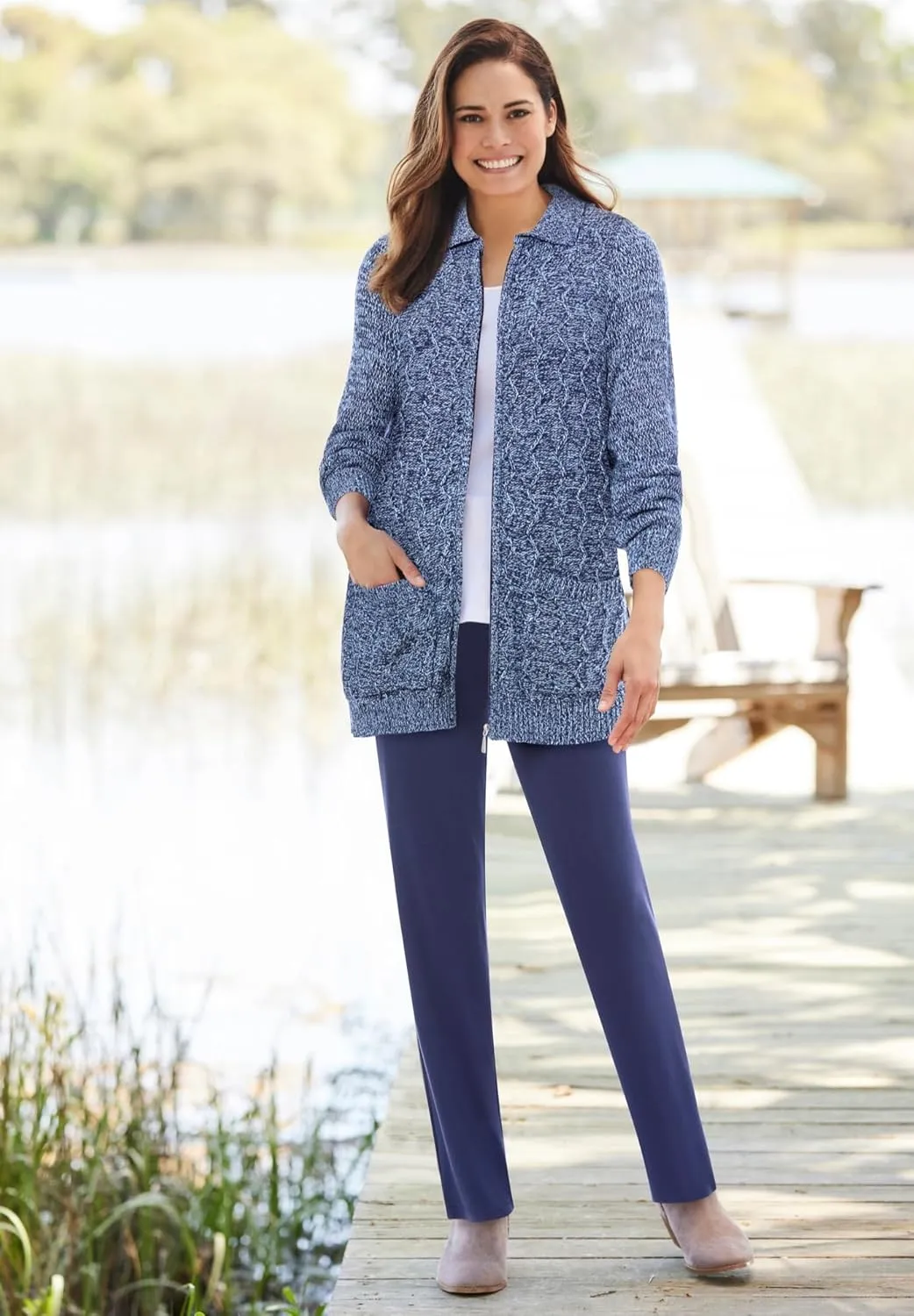 Woman Within Plus Size Marled Zip-Front Cable Knit Cardigan