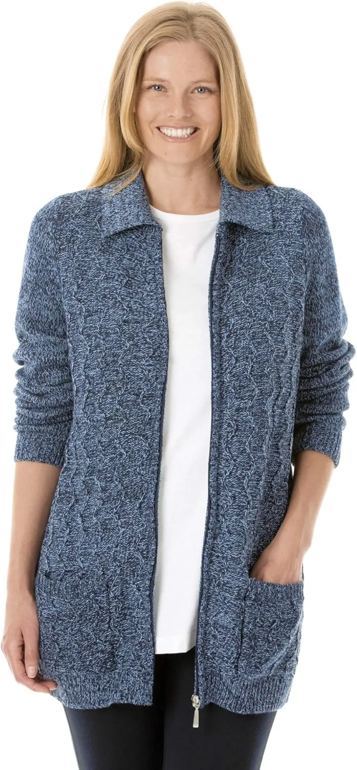 Woman Within Plus Size Marled Zip-Front Cable Knit Cardigan