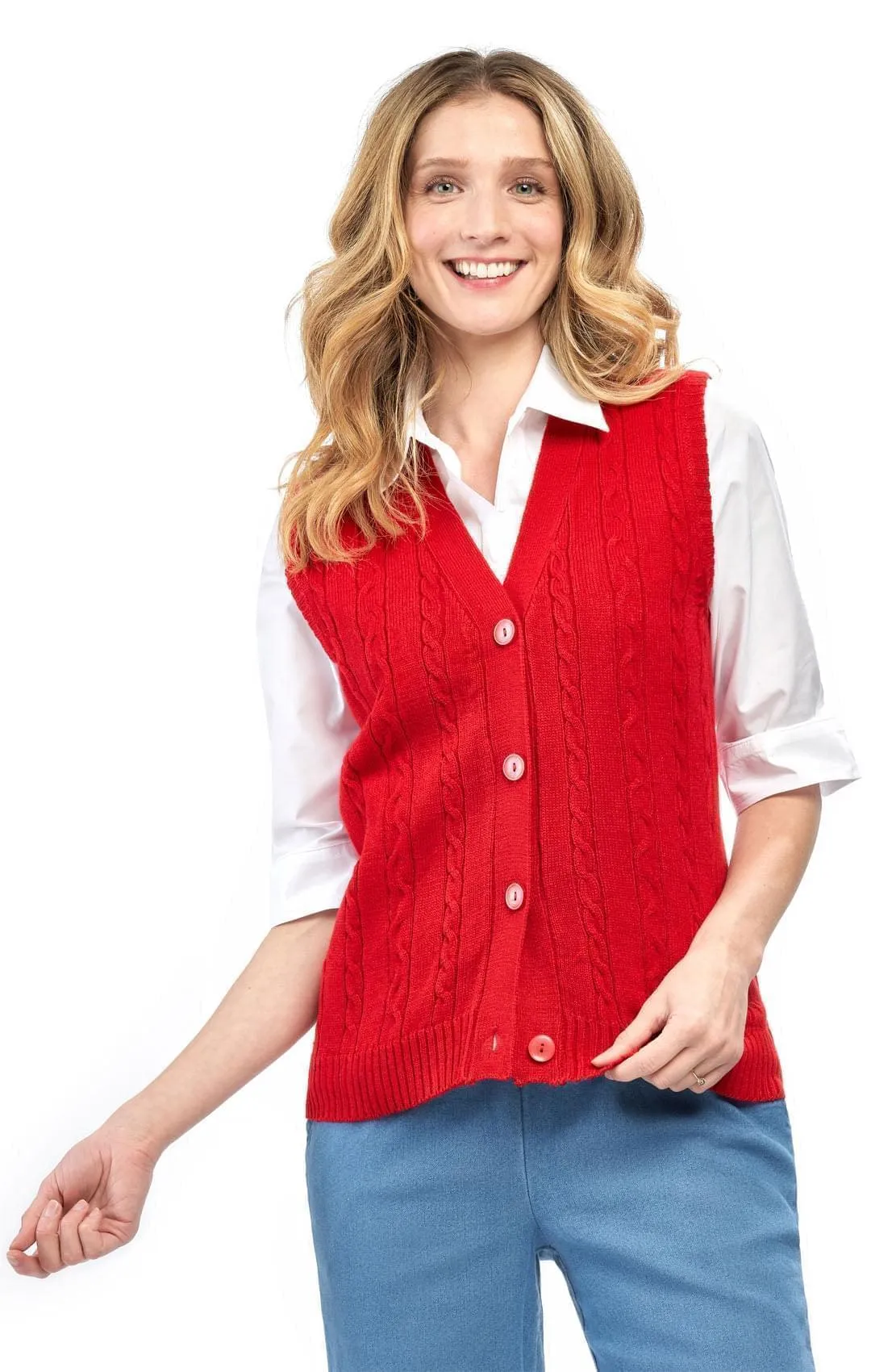 Women's Button Front Cable Cardigan Sweater Vest – Button Up Styling in a Timeless Cable Knit