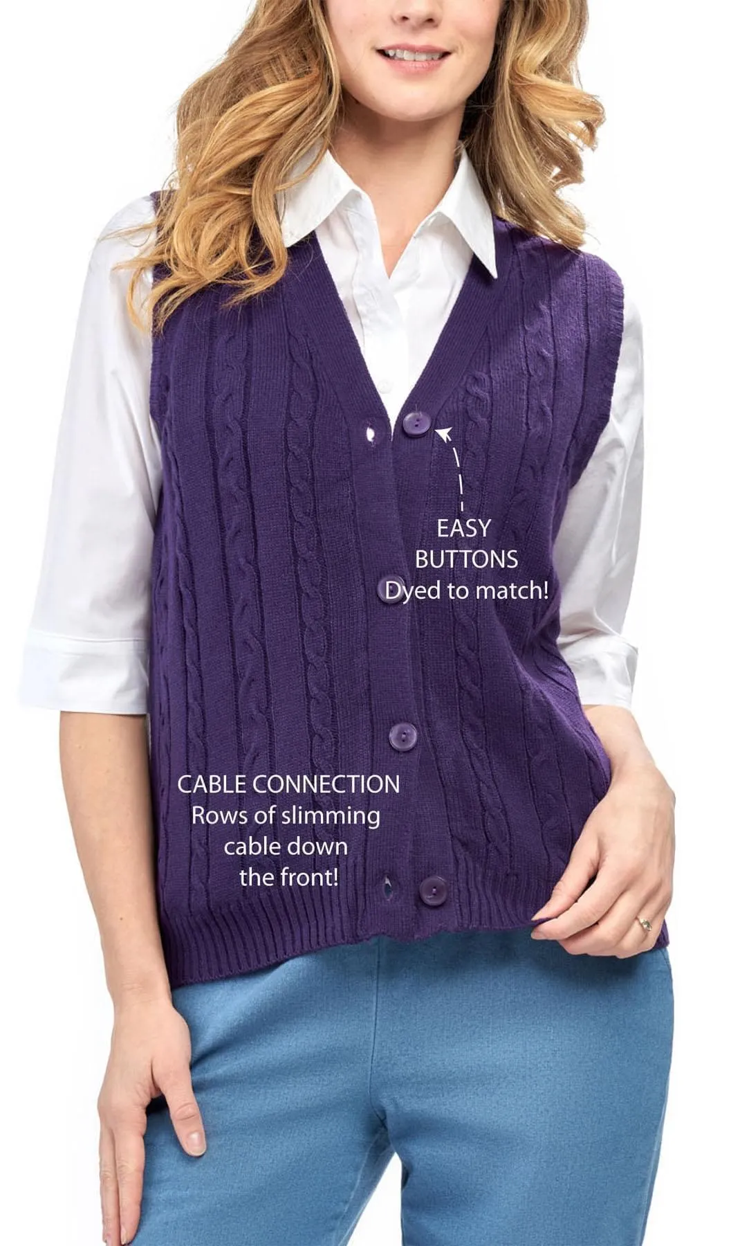 Women's Button Front Cable Cardigan Sweater Vest – Button Up Styling in a Timeless Cable Knit