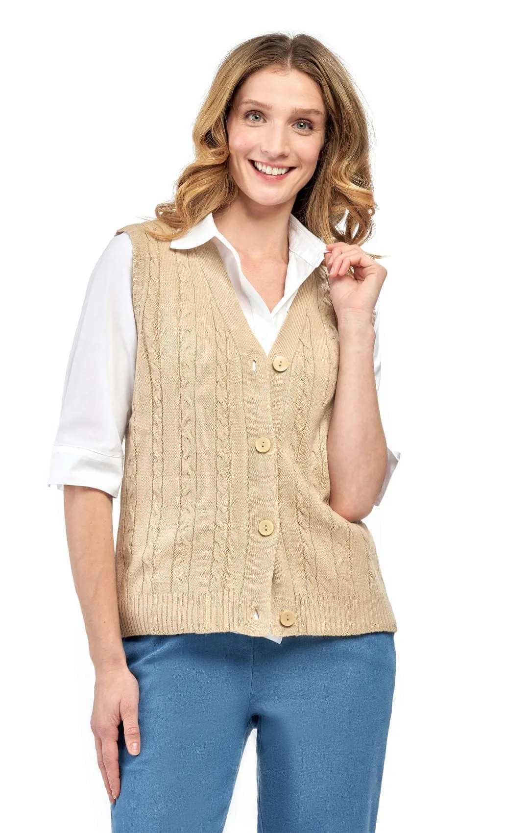 Women's Button Front Cable Cardigan Sweater Vest – Button Up Styling in a Timeless Cable Knit