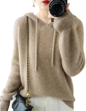 Womens Cashmere with Pullovers,Winter Casual Knitting Hoodie Fashion Sweater,Fall Drawstring Thick Sweater