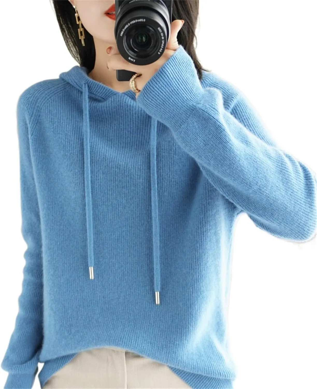 Womens Cashmere with Pullovers,Winter Casual Knitting Hoodie Fashion Sweater,Fall Drawstring Thick Sweater