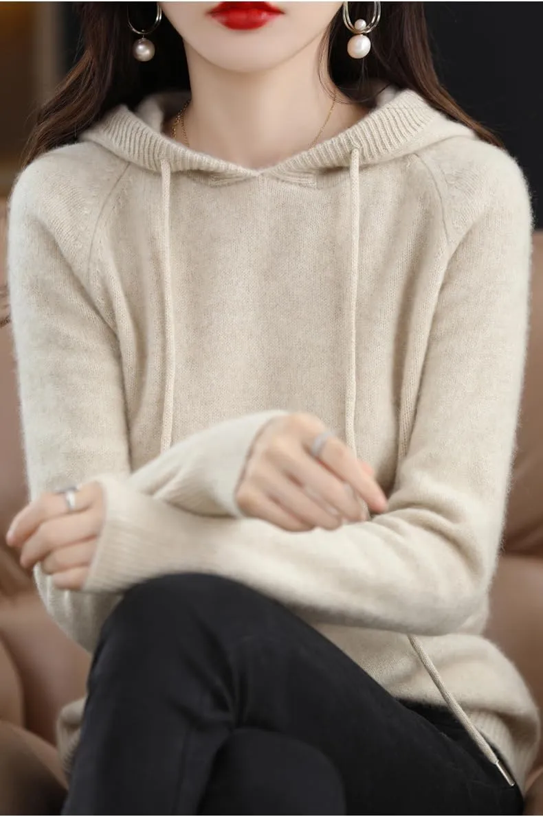 Womens Cashmere with Pullovers,Winter Casual Knitting Hoodie Fashion Sweater,Fall Drawstring Thick Sweater
