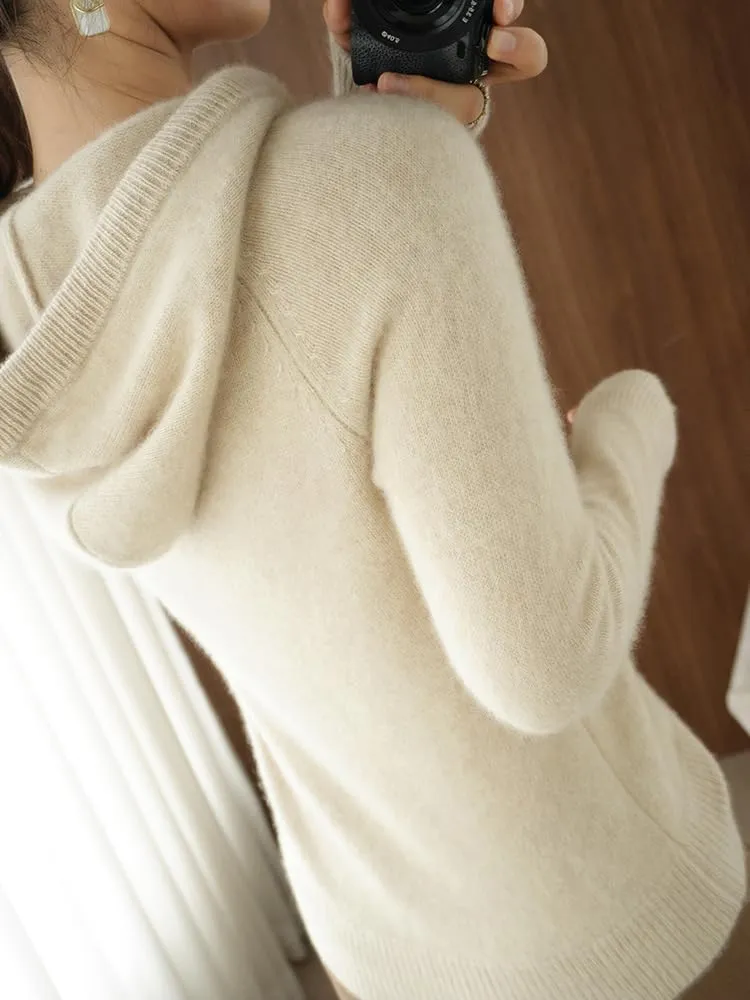 Womens Cashmere with Pullovers,Winter Casual Knitting Hoodie Fashion Sweater,Fall Drawstring Thick Sweater