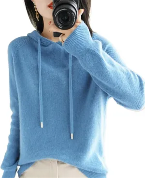 Womens Cashmere with Pullovers,Winter Casual Knitting Hoodie Fashion Sweater,Fall Drawstring Thick Sweater
