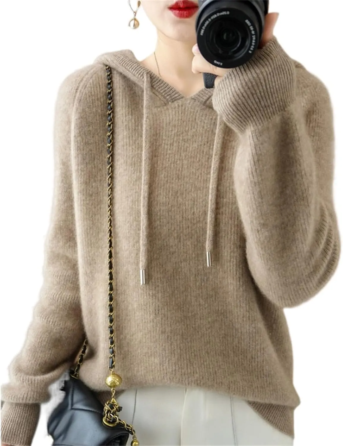 Womens Cashmere with Pullovers,Winter Casual Knitting Hoodie Fashion Sweater,Fall Drawstring Thick Sweater