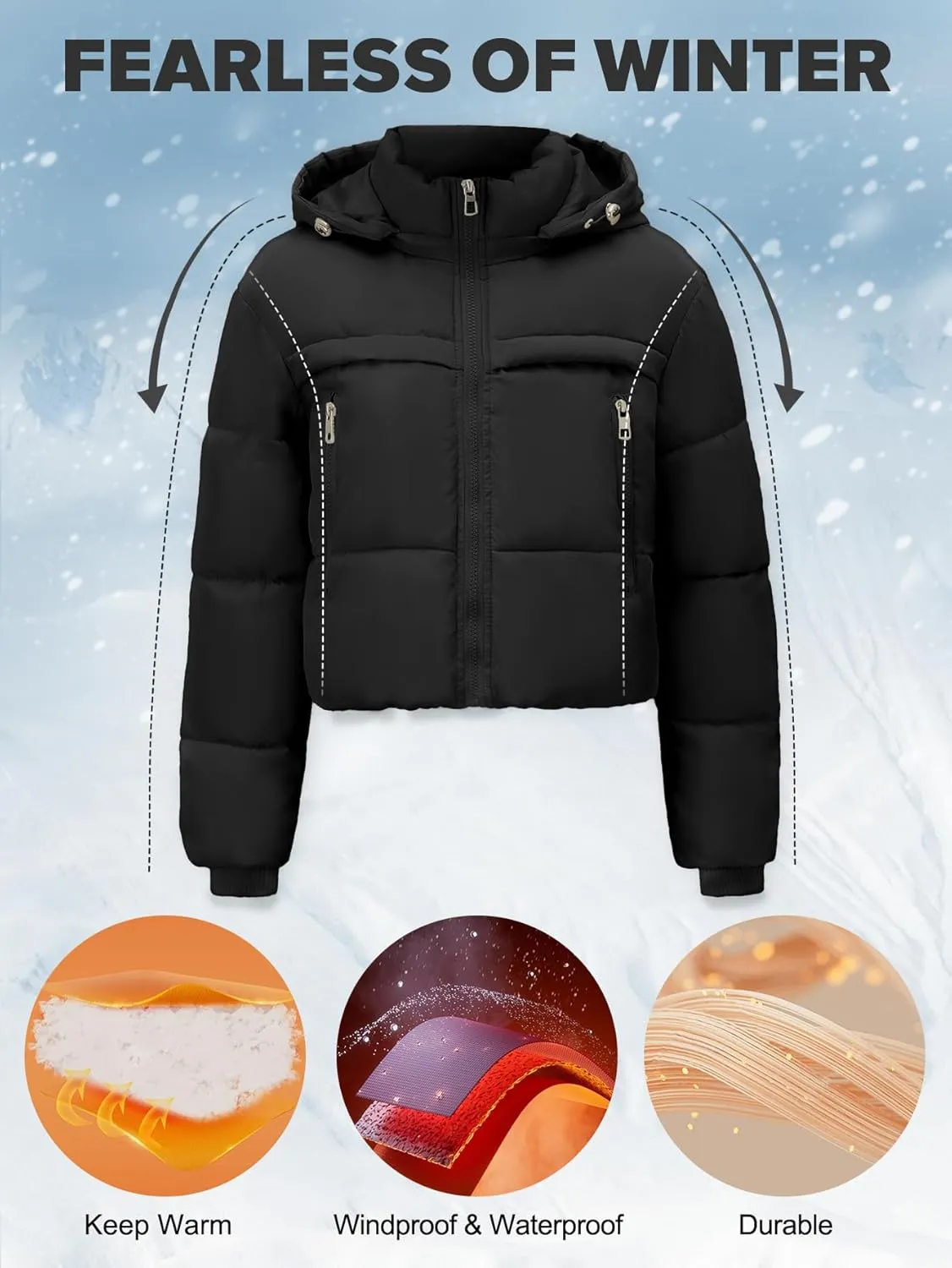 Women's Cropped Puffer Jacket Hooded Warm Padded Winter Outerwear Coat with Pockets