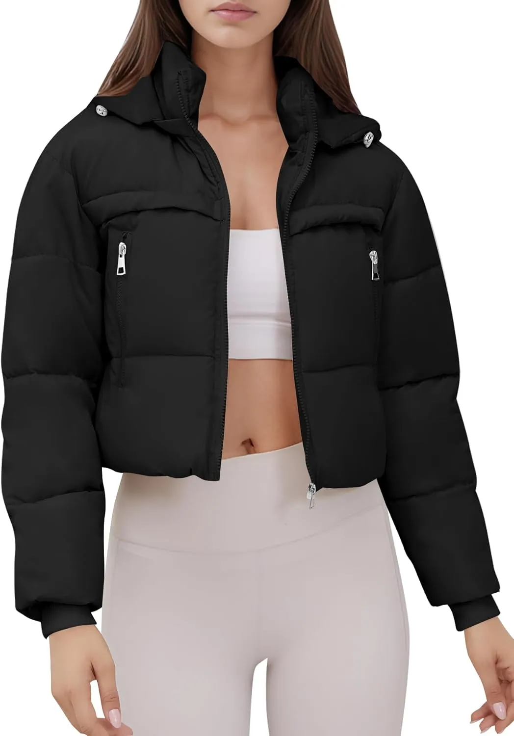 Women's Cropped Puffer Jacket Hooded Warm Padded Winter Outerwear Coat with Pockets
