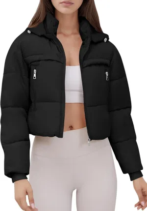Women's Cropped Puffer Jacket Hooded Warm Padded Winter Outerwear Coat with Pockets