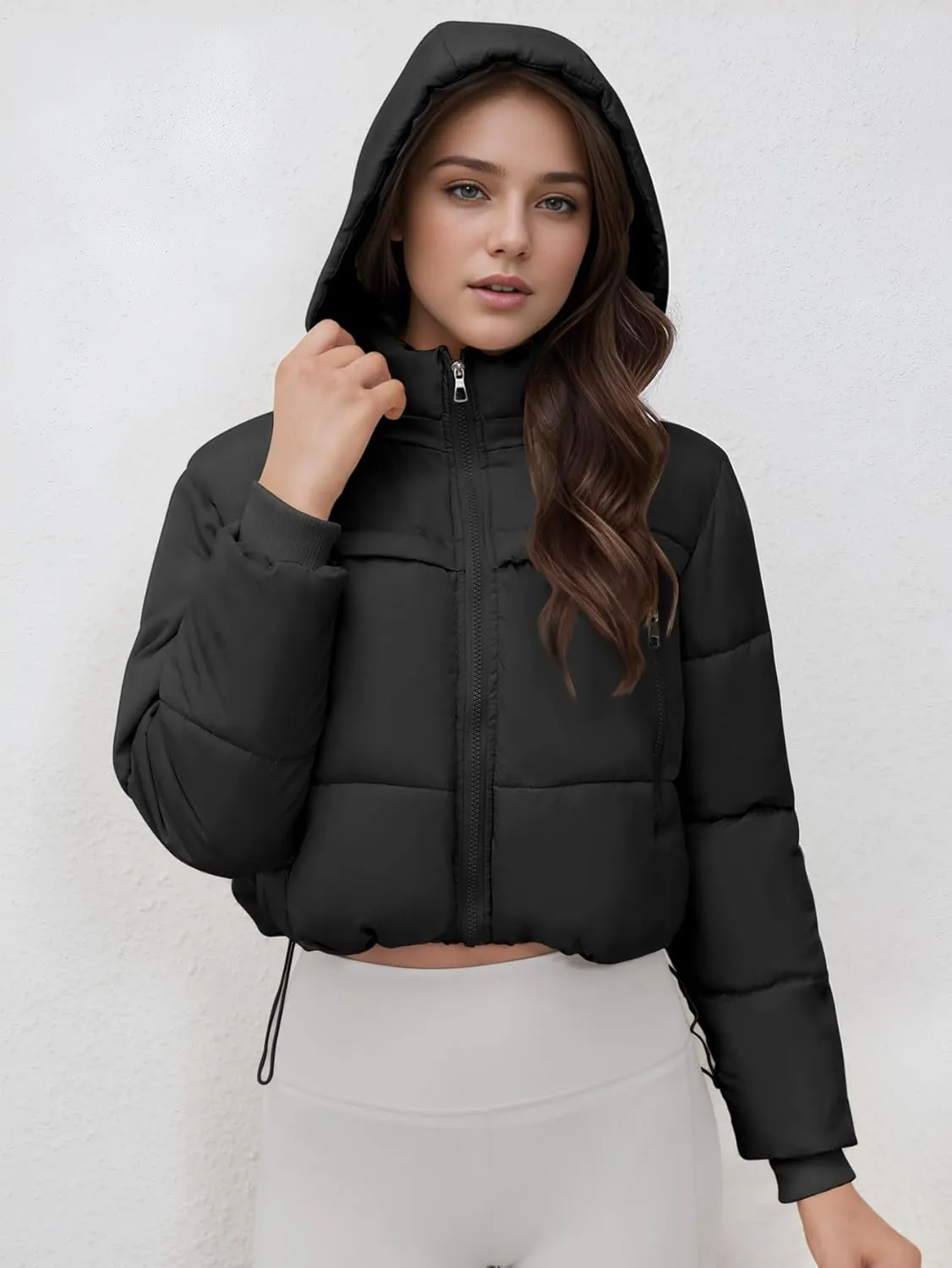 Women's Cropped Puffer Jacket Hooded Warm Padded Winter Outerwear Coat with Pockets