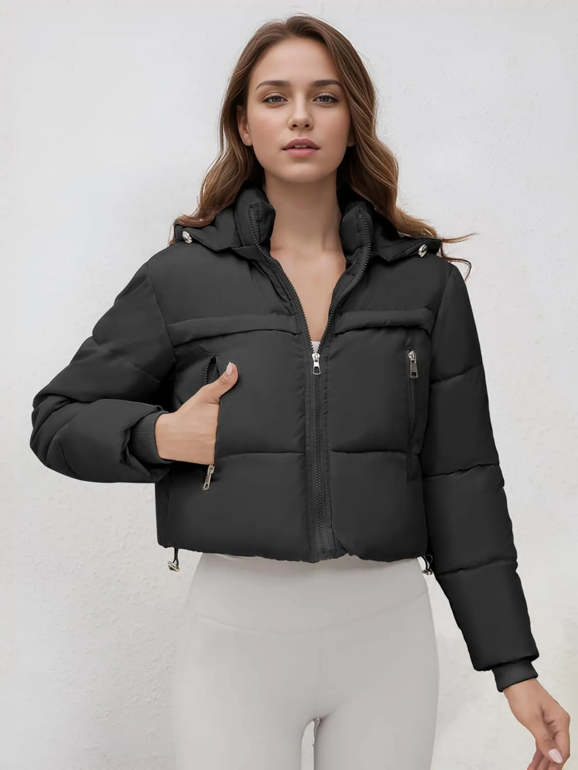 Women's Cropped Puffer Jacket Hooded Warm Padded Winter Outerwear Coat with Pockets