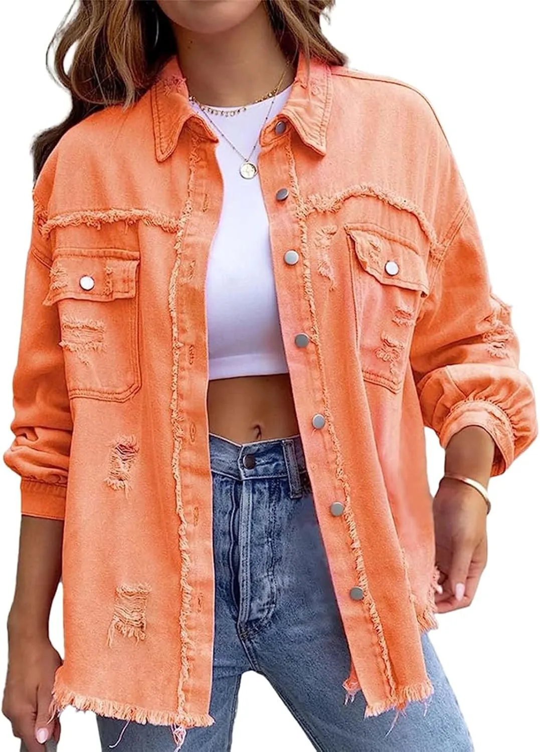 Womens Denim Jacket Oversized Button Up Frayed Hem Shacket Jean Coat Distressed Shirts Long Sleeve Trucker Coats Tops