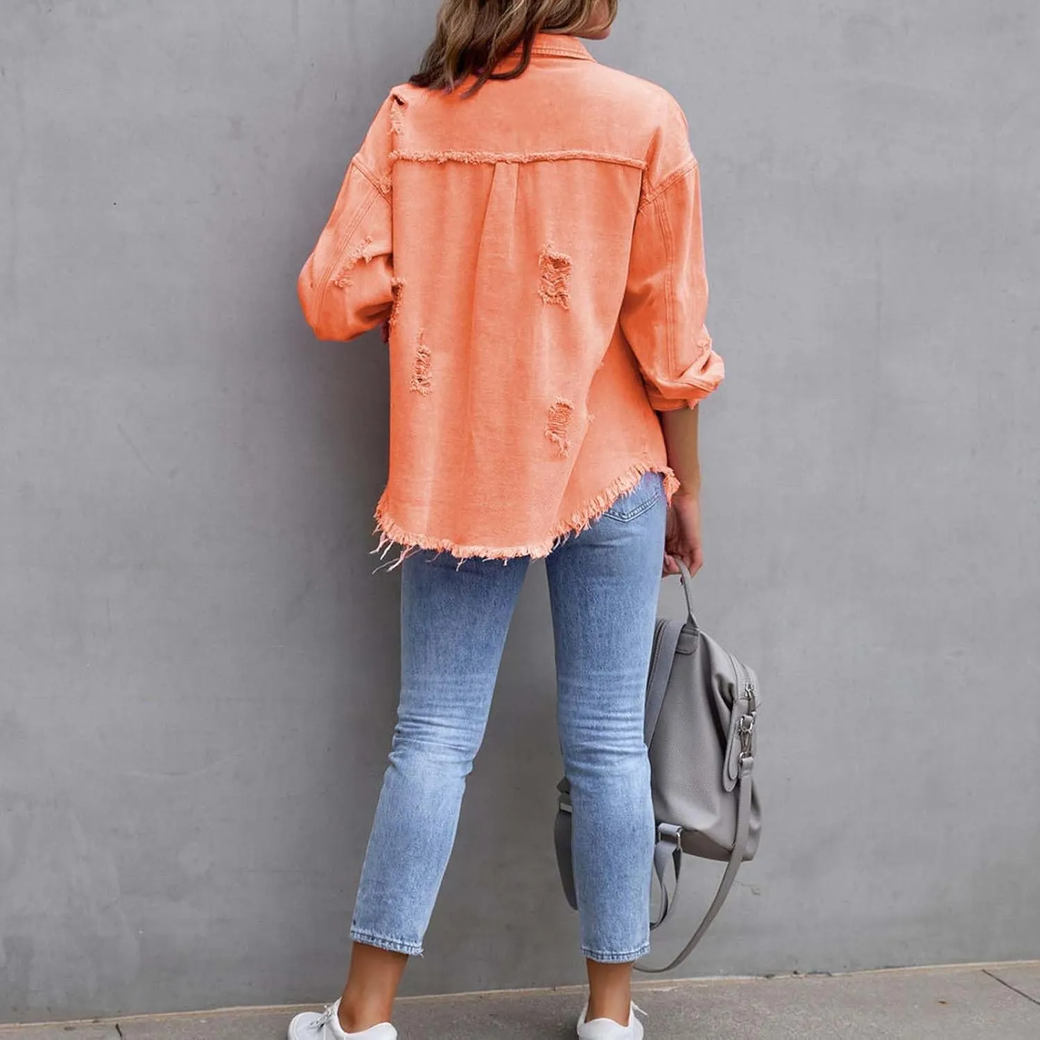 Womens Denim Jacket Oversized Button Up Frayed Hem Shacket Jean Coat Distressed Shirts Long Sleeve Trucker Coats Tops