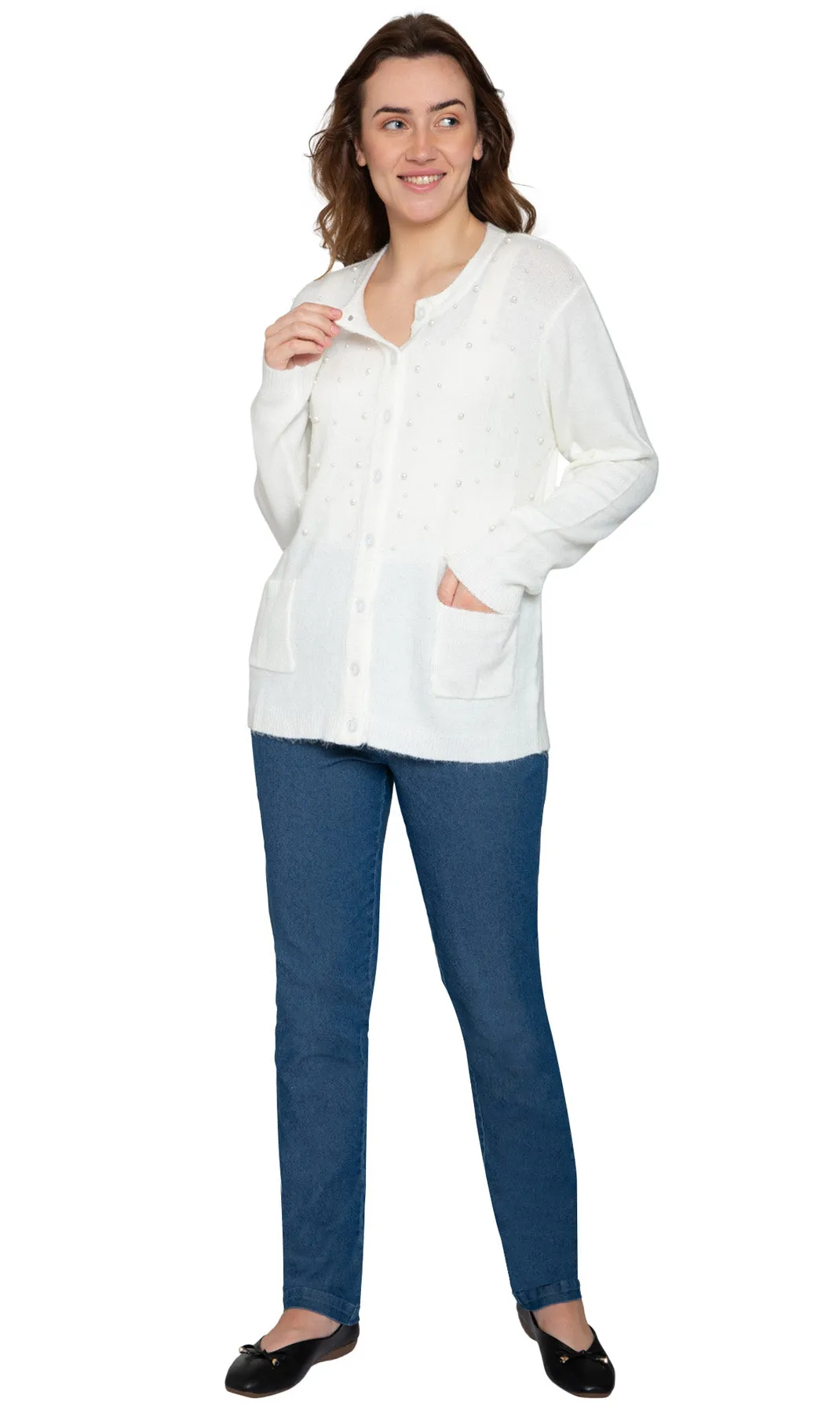 Women's Faux Pearl Cardigan – Luxe Beaded Sweater in a Soft Knit