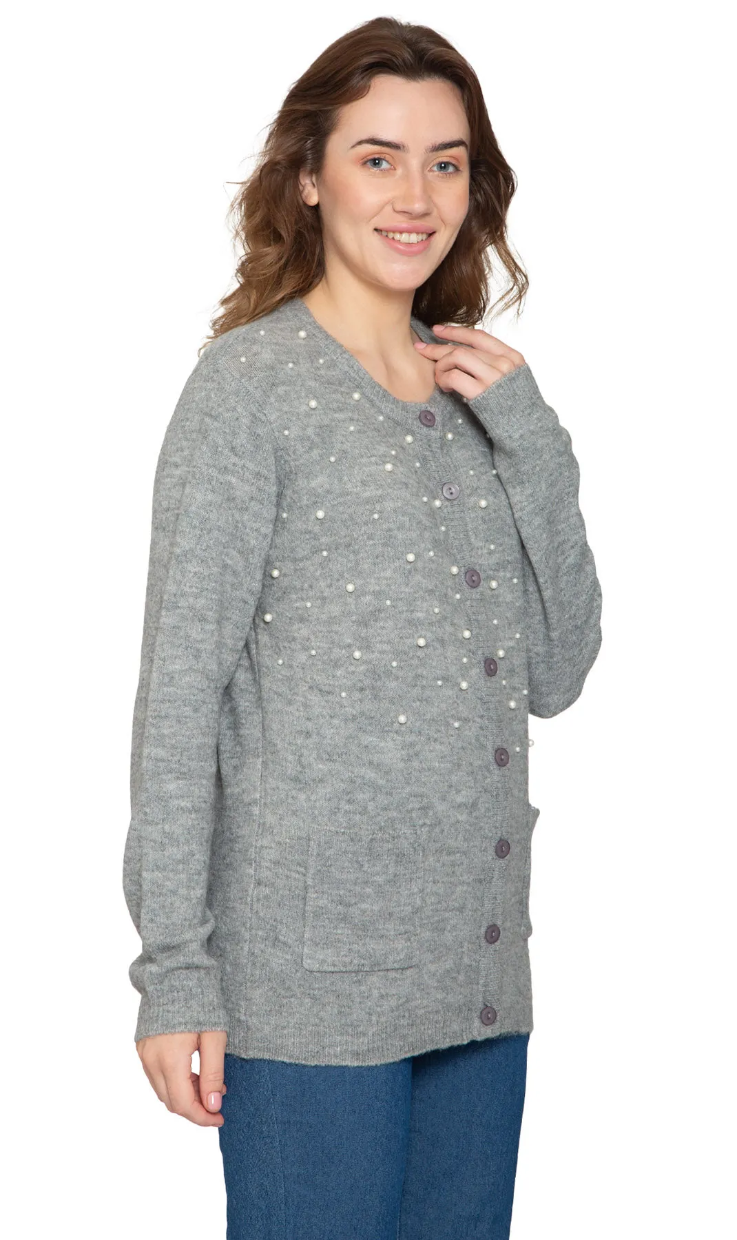 Women's Faux Pearl Cardigan – Luxe Beaded Sweater in a Soft Knit