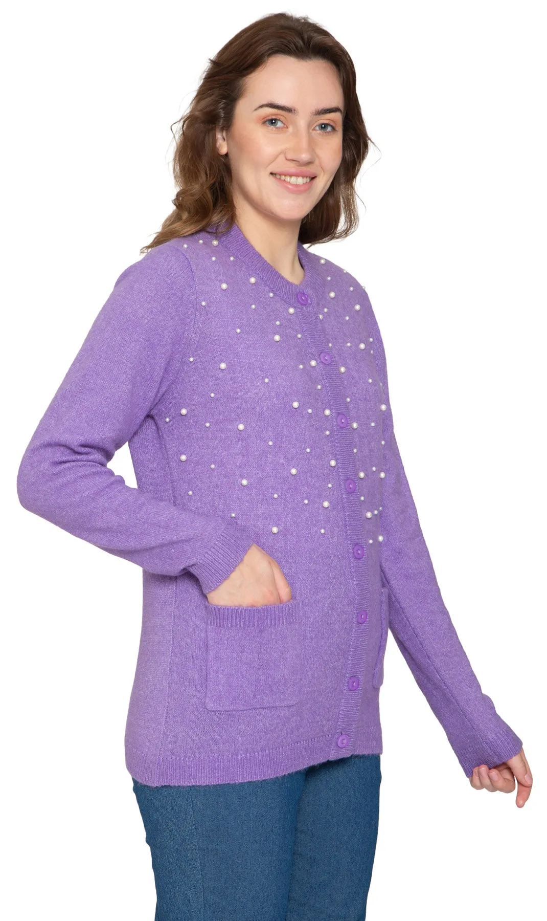 Women's Faux Pearl Cardigan – Luxe Beaded Sweater in a Soft Knit