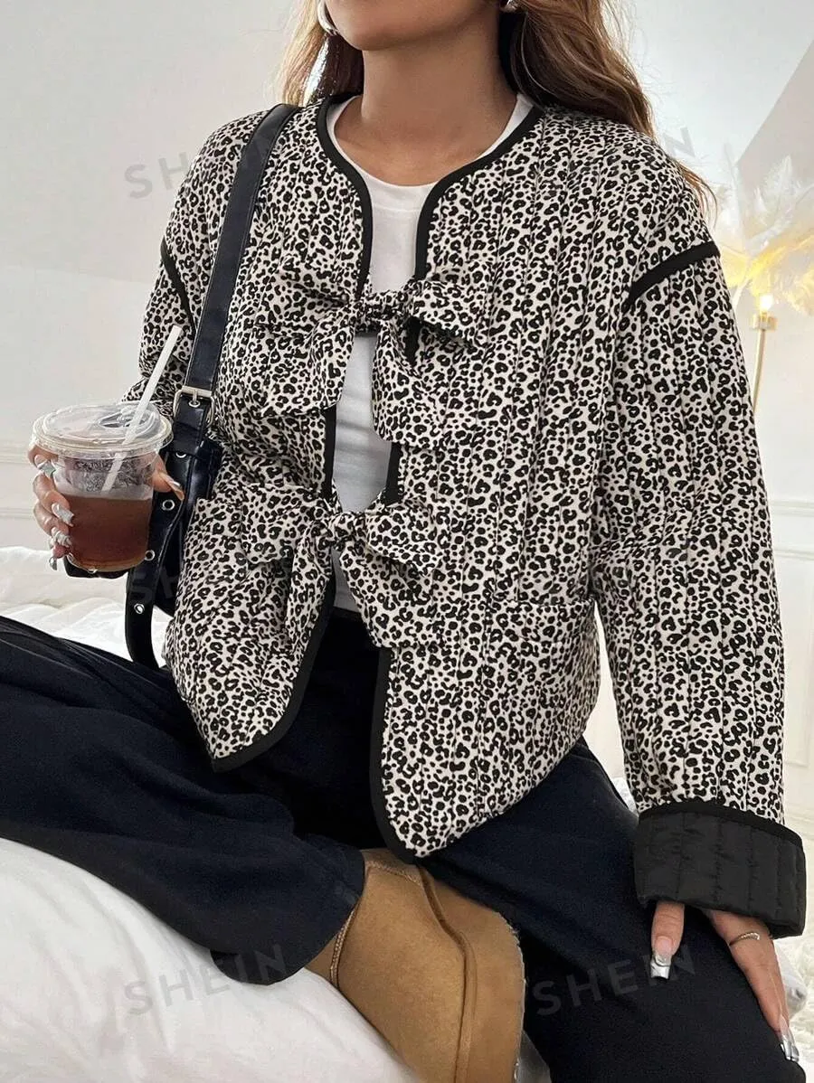 Women's Leopard Quilted Jacket Tie Front Lightweight Puffer Padded Coats with Pockets