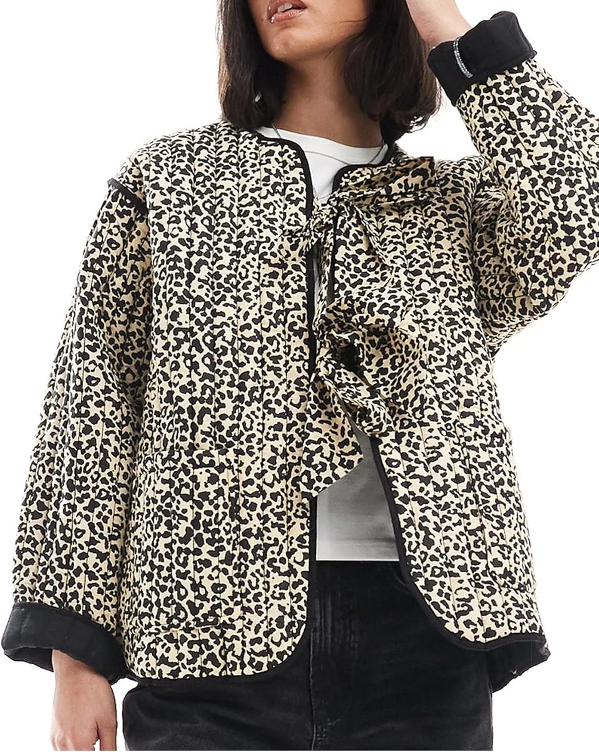 Women's Leopard Quilted Jacket Tie Front Lightweight Puffer Padded Coats with Pockets