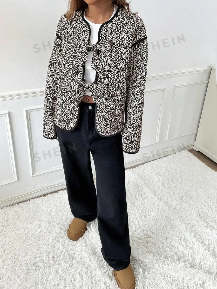 Women's Leopard Quilted Jacket Tie Front Lightweight Puffer Padded Coats with Pockets