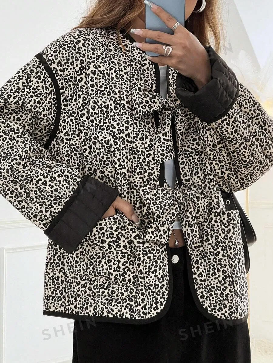 Women's Leopard Quilted Jacket Tie Front Lightweight Puffer Padded Coats with Pockets