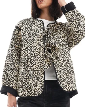 Women's Leopard Quilted Jacket Tie Front Lightweight Puffer Padded Coats with Pockets