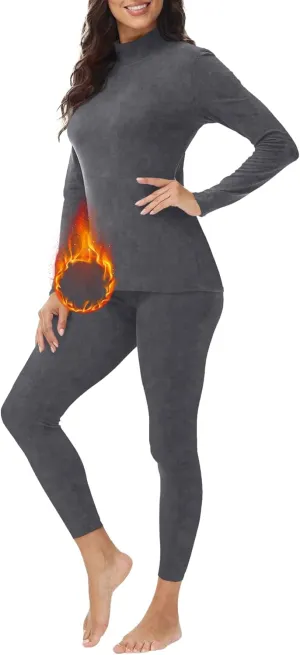 Womens Mock Neck Thermal Underwear Winter Long Johns with Fleece Lined Long Sleeves Base Layer Set Top Bottom